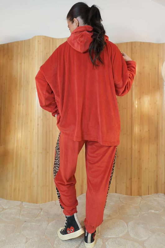 Binky Leopard Soft Stretch Velour Hoodie Lounge Suit Ruby